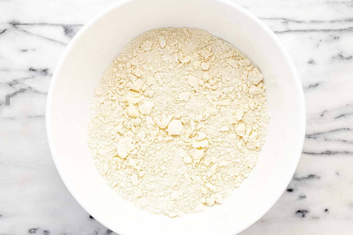 Dry ingredients for the cobbler topping in a large bowl.