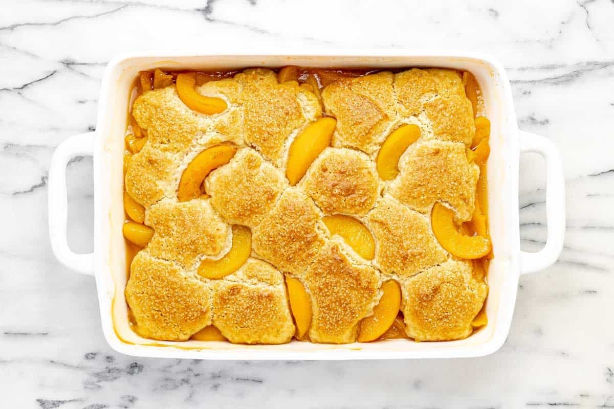 Freshly baked peach cobbler made with canned peaches.
