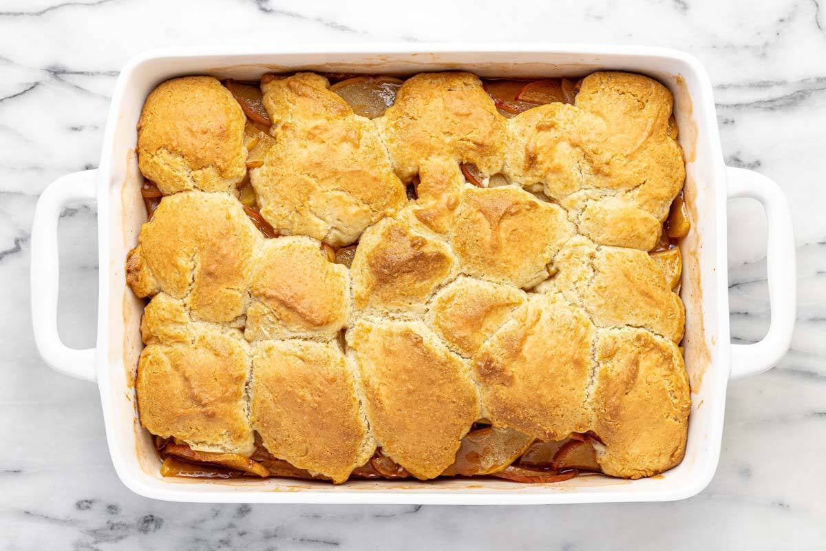 Homemade apple cobbler in a large baking dish. 