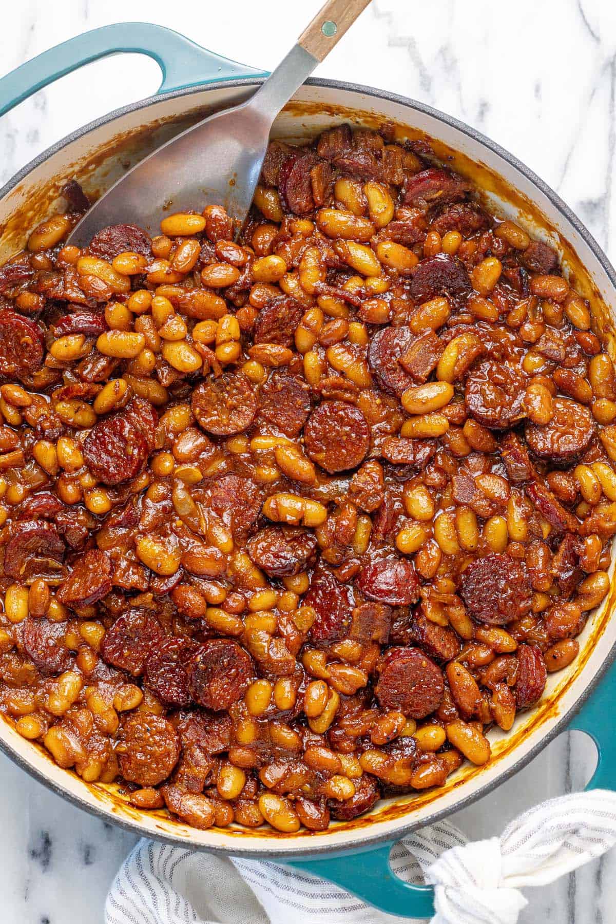 Large pot filled with homemade baked beans.