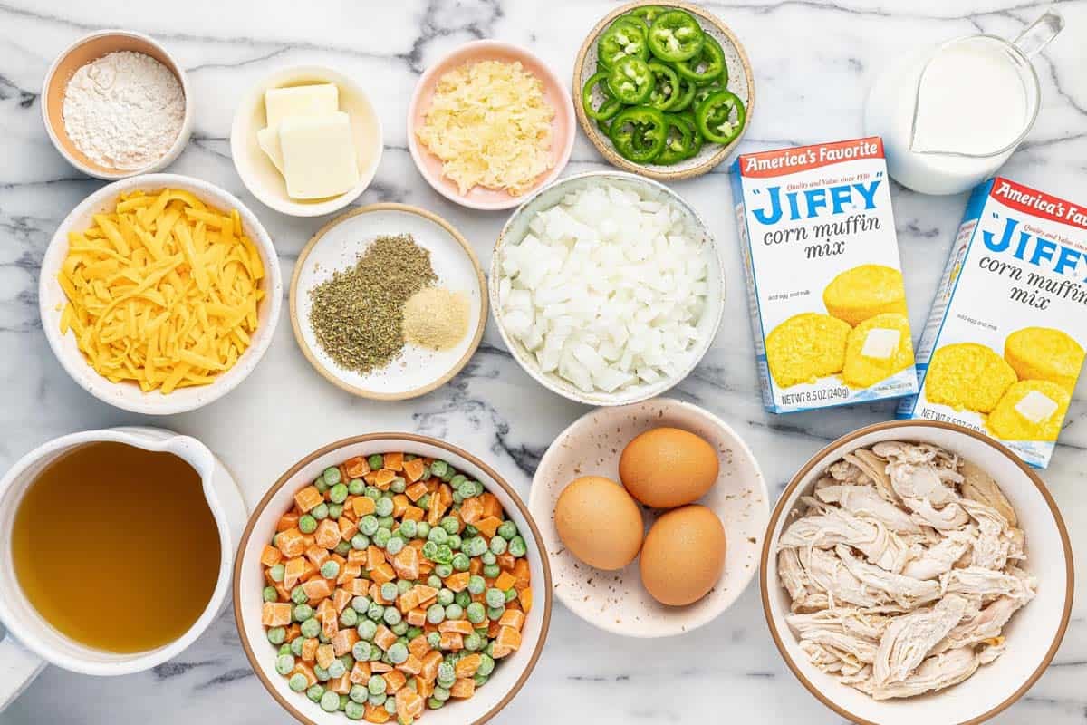 Bowls of ingredients to make cornbread chicken pot pie.
