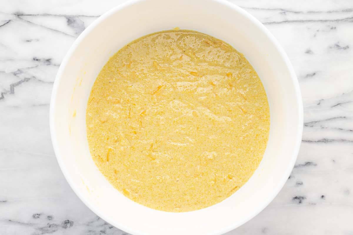 Cornbread batter in a large bowl.
