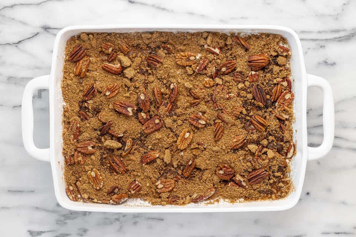 Brown sugar and pecans sprinkled over the cake.