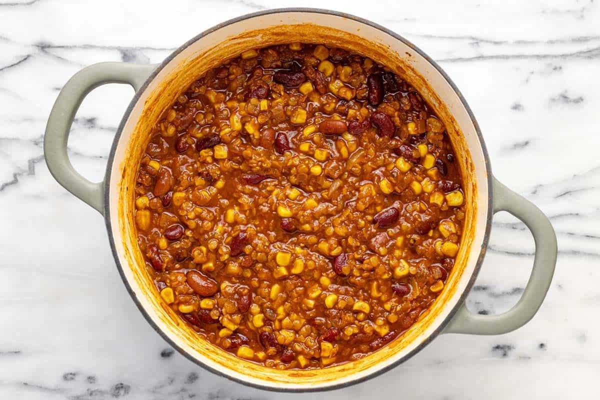 Homemade vegetarian chili in a large pot.